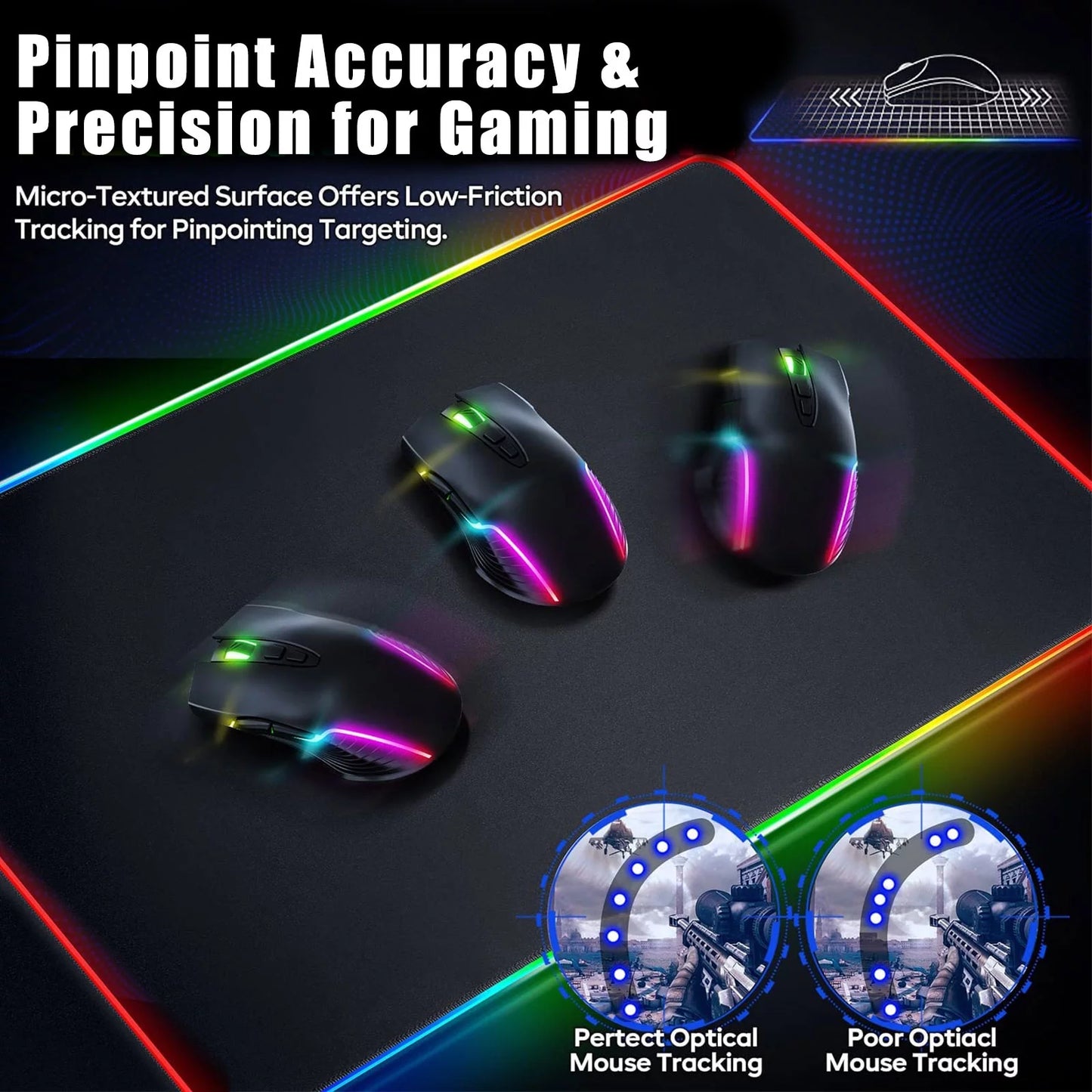 RGB Large Gaming Mouse Pad, Extended Thick LED Keyboard Pad with 9 Lighting Modes, Anti-Slip Waterproof Oversized Computer Mouse Pad Mat, Xl/9.8X11.8Inch, Black