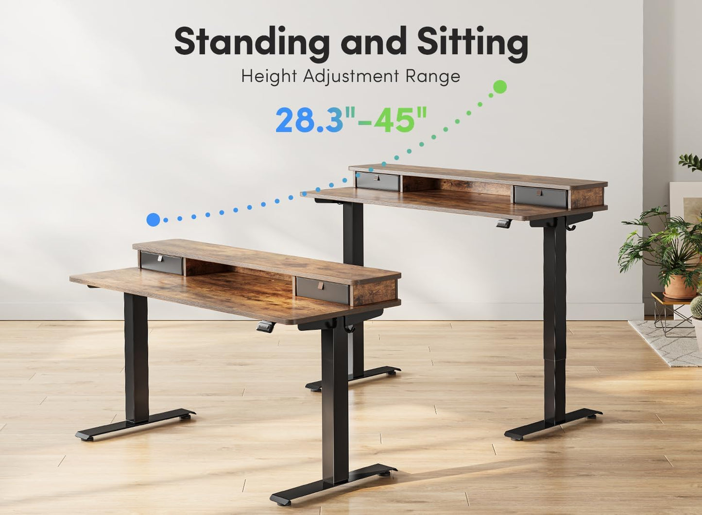 Height Adjustable Electric Standing Desk with Double Drawer, 55 X 24 Inch Stand up Table with Storage Shelf, Sit Stand Desk with Splice Board, Black Frame/Rustic Brown Top